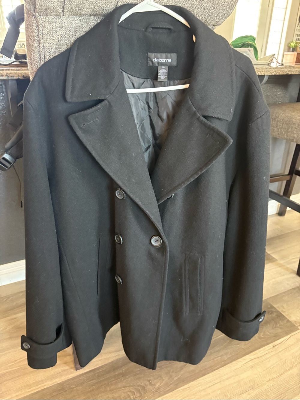 Men’s Black XXL double-breasted wool-blend pea coat by Claiborne wide lapels